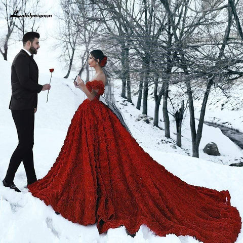 Baoleely Luxury Red Lace Foral Wedding Dresses Long Train