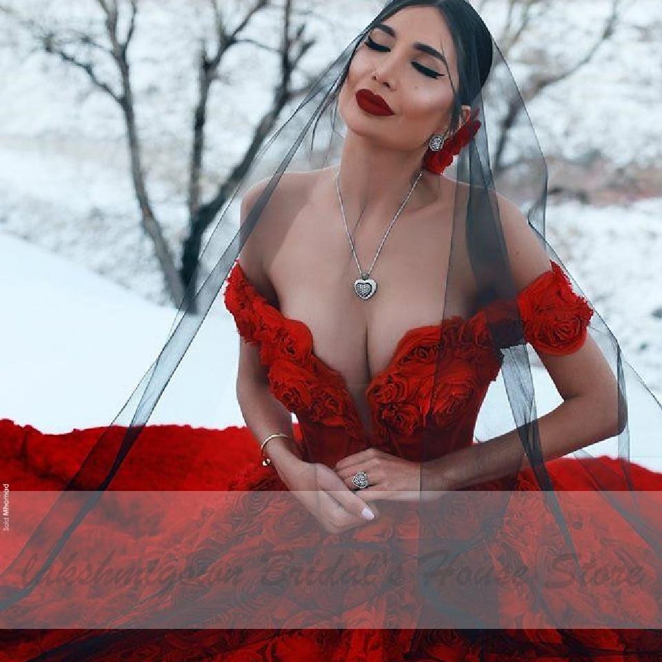 Baoleely Luxury Red Lace Foral Wedding Dresses Long Train