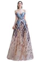 Vestido de fiesta largo hasta el suelo, de lentejuelas brillantes con hombros descubiertos y corte en A.