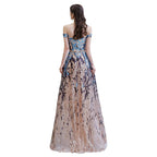 Vestido de fiesta largo hasta el suelo, de lentejuelas brillantes con hombros descubiertos y corte en A.