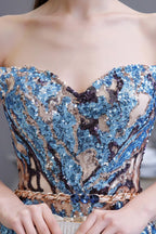 Vestido de fiesta largo hasta el suelo, de lentejuelas brillantes con hombros descubiertos y corte en A.