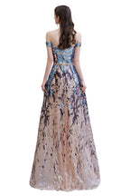 Vestido de fiesta largo hasta el suelo, de lentejuelas brillantes con hombros descubiertos y corte en A.