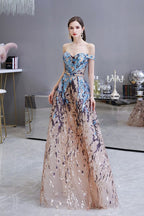 Vestido de fiesta largo hasta el suelo, de lentejuelas brillantes con hombros descubiertos y corte en A.