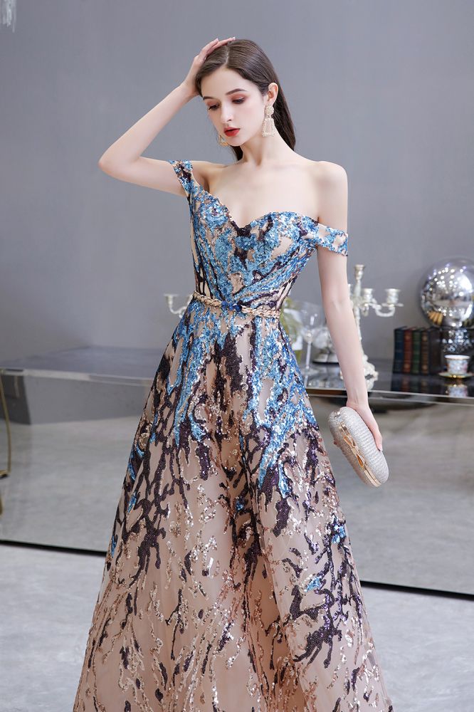 Vestido de fiesta largo hasta el suelo, de lentejuelas brillantes con hombros descubiertos y corte en A.