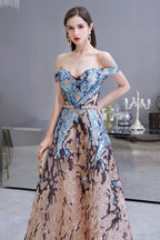 Vestido de fiesta largo hasta el suelo, de lentejuelas brillantes con hombros descubiertos y corte en A.