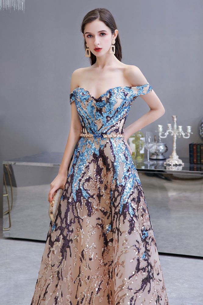 Vestido de fiesta largo hasta el suelo, de lentejuelas brillantes con hombros descubiertos y corte en A.