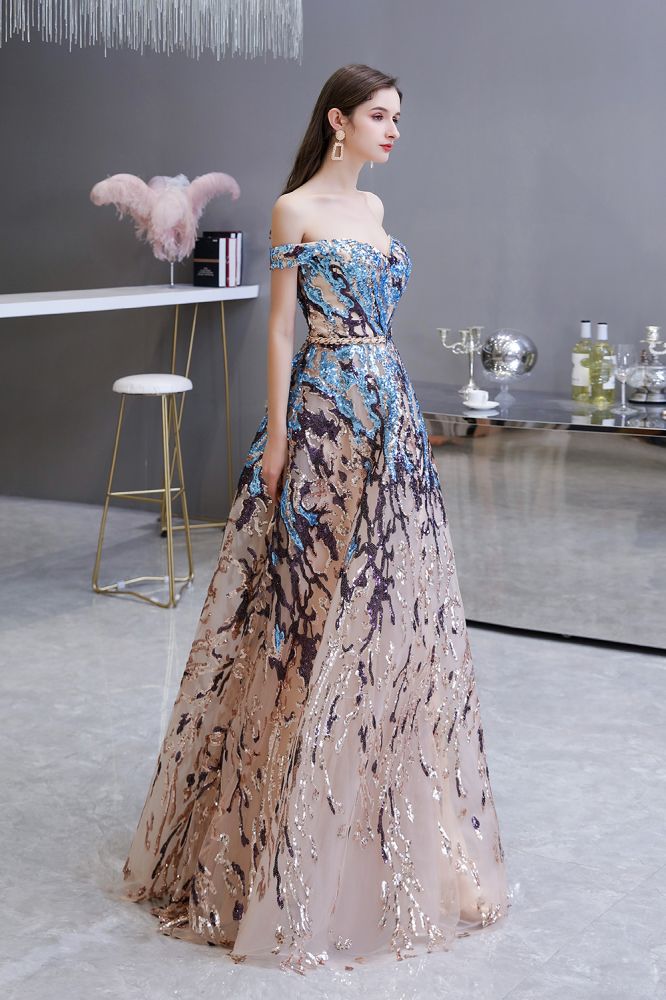 Vestido de fiesta largo hasta el suelo, de lentejuelas brillantes con hombros descubiertos y corte en A.