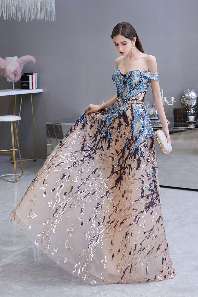 Vestido de fiesta largo hasta el suelo, de lentejuelas brillantes con hombros descubiertos y corte en A.
