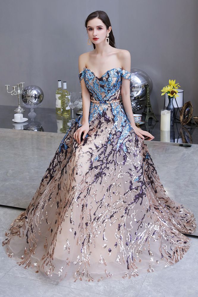 Vestido de fiesta largo hasta el suelo, de lentejuelas brillantes con hombros descubiertos y corte en A.