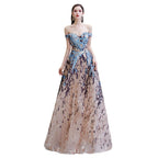 Vestido de fiesta largo hasta el suelo, de lentejuelas brillantes con hombros descubiertos y corte en A.