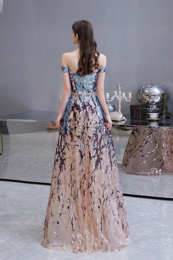 Vestido de fiesta largo hasta el suelo, de lentejuelas brillantes con hombros descubiertos y corte en A.
