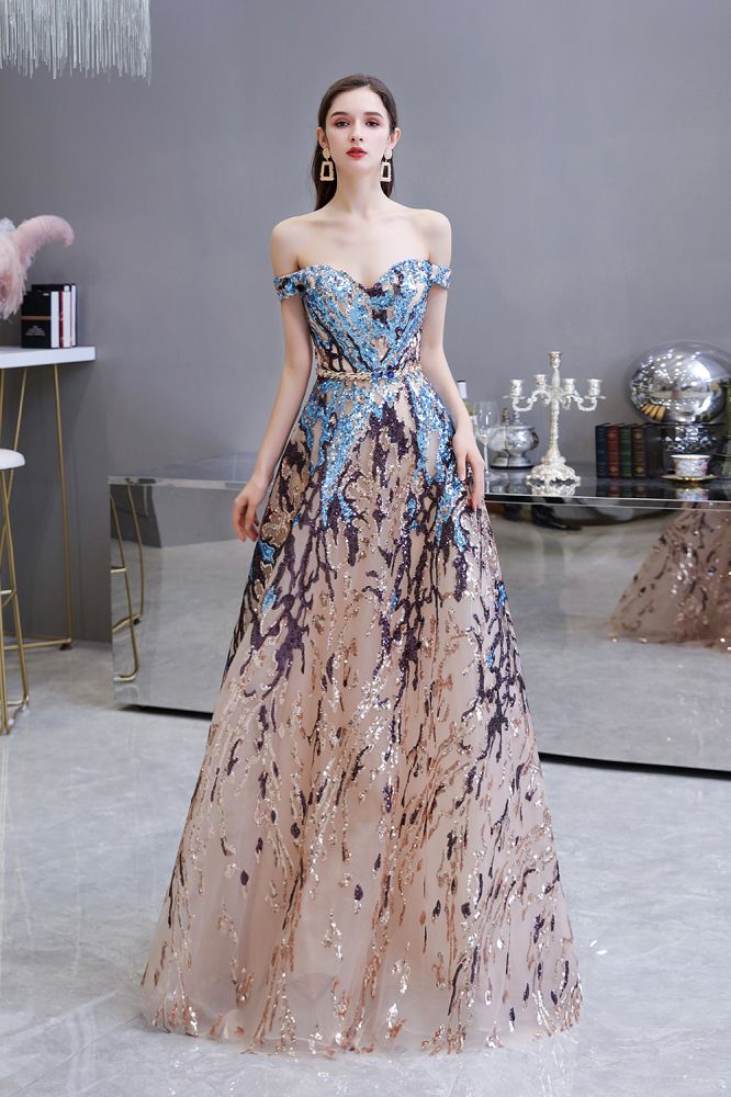 Vestido de fiesta largo hasta el suelo, de lentejuelas brillantes con hombros descubiertos y corte en A.