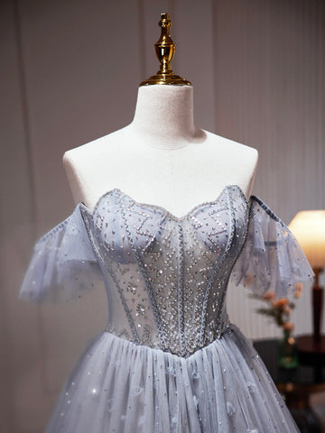 Vestido de fiesta gris de tul con hombros descubiertos y cuentas, vestido formal de tul corte A para baile de graduación