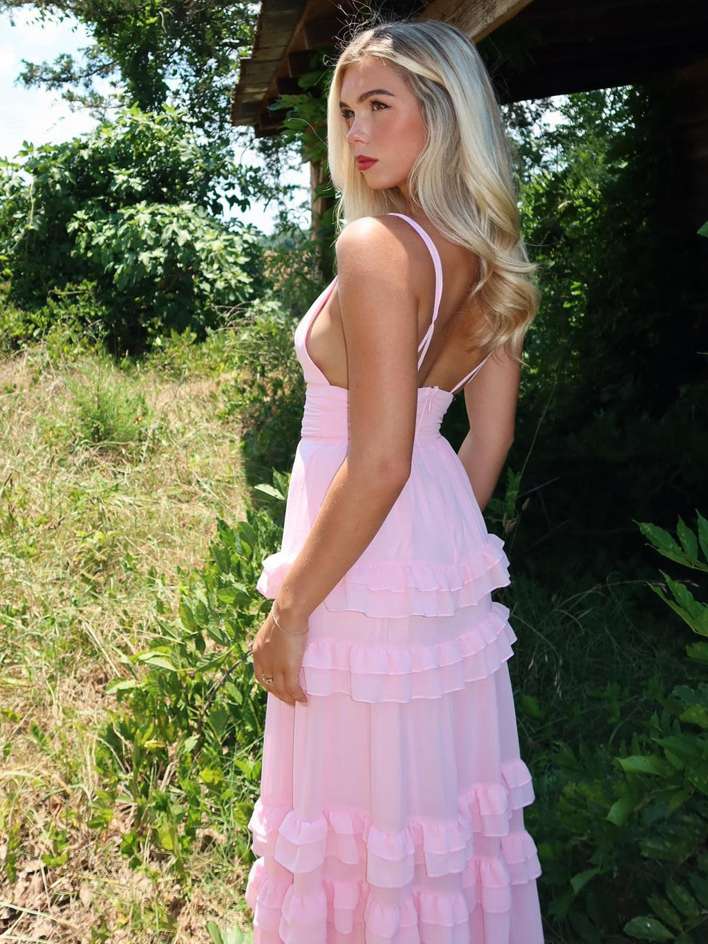Decebal | A Line Pink Chiffon Tiered Ruffles Long Prom Dress