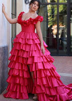 Madelynn | Off-Shoulder Ruched A-Line Layered Satin Prom Dress with Slit