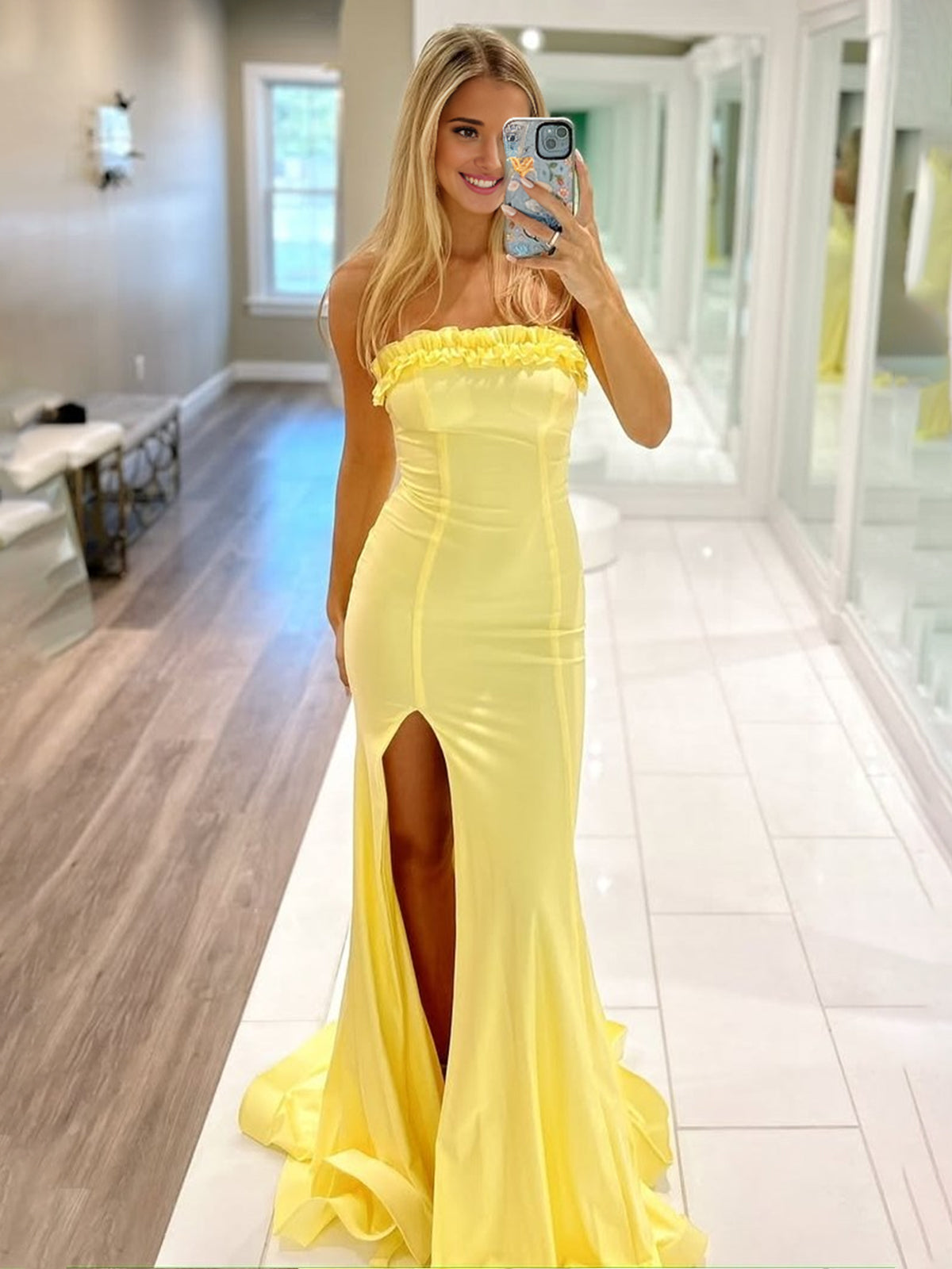 Madona | Vestidos largos de sirena sin tirantes con volantes y abertura