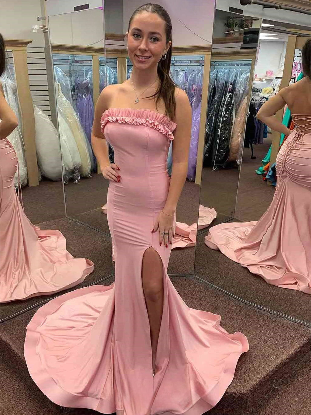 Madona | Vestidos largos de sirena sin tirantes con volantes y abertura