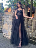 Maebi | A-line Black Lace Corset Tulle Long Prom Dress