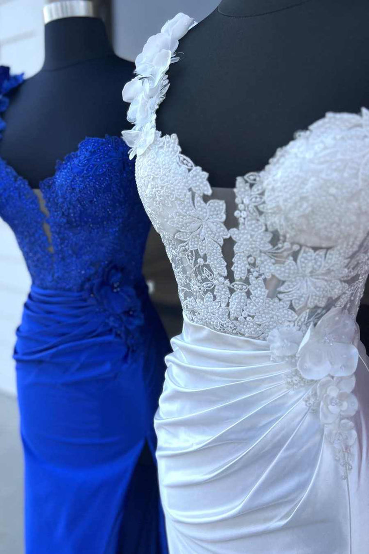 Mandel | Vestido largo plisado rojo de un solo hombro con encaje floral 3D y abertura