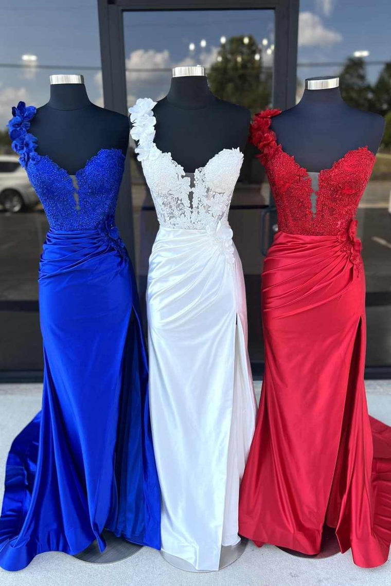 Mandel | Vestido largo plisado rojo de un solo hombro con encaje floral 3D y abertura