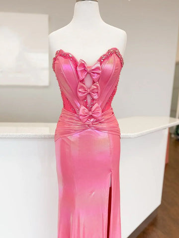 Yegua | Vestido de fiesta sirena rosa fucsia con escote corazón y lazo 