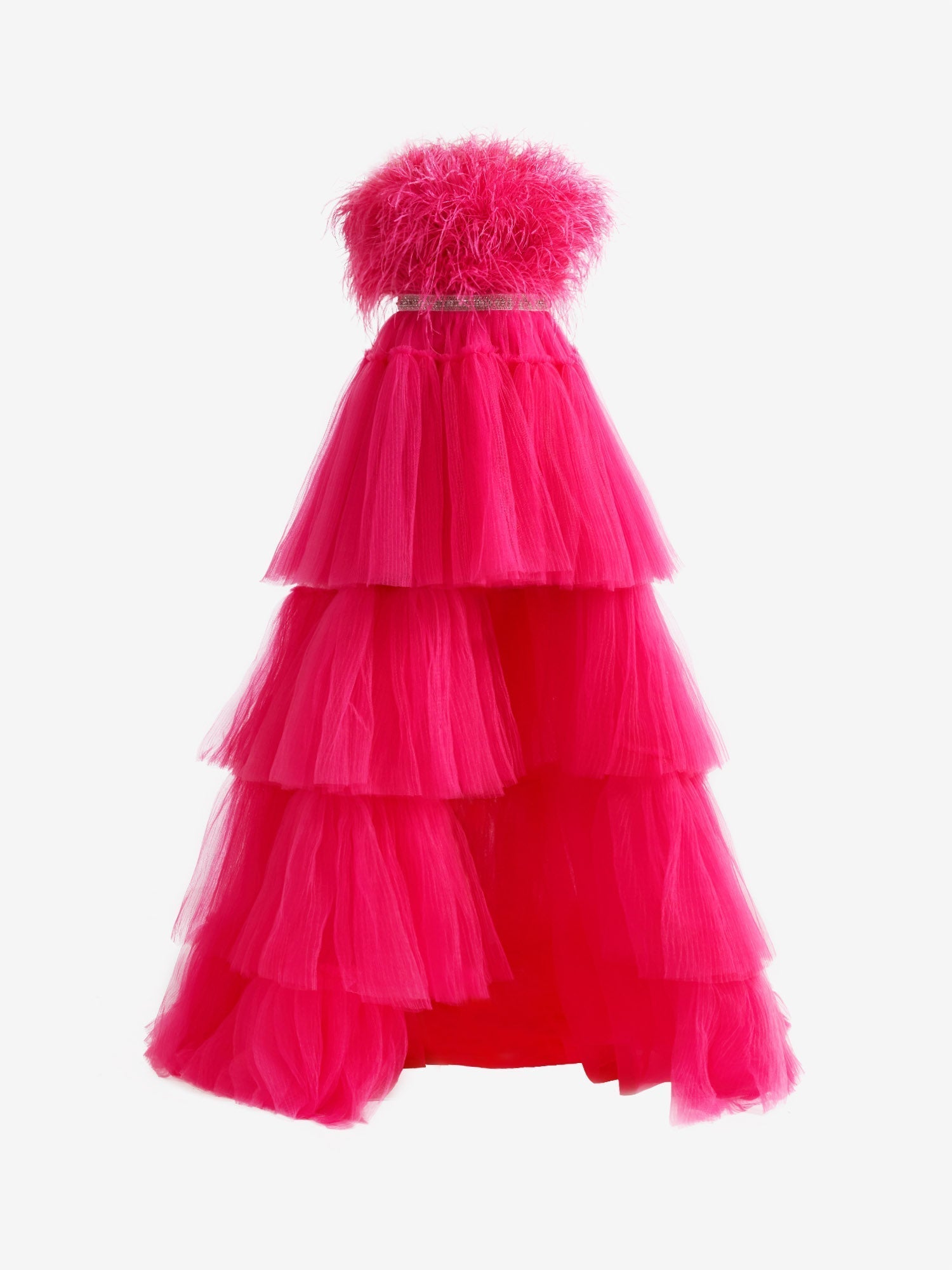 Vestido de graduación de tul con volantes, corte asimétrico, sin tirantes y con plumas, estilo línea A