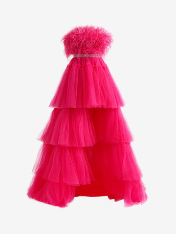 Robe de bal trapèze asymétrique sans bretelles en tulle à volants et plumes
