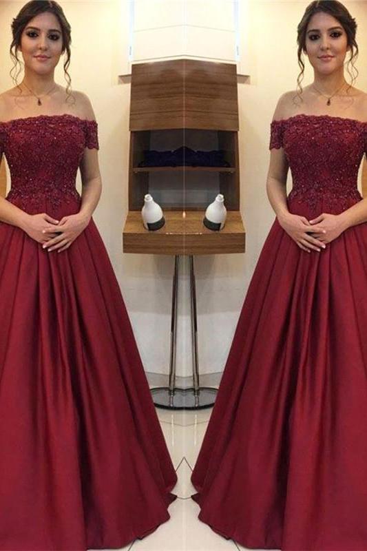 Maroon Off-the-Shoulder Applique Prom Dresses Charming Beads Ruffles Sleeveless Chic Evening Dresses