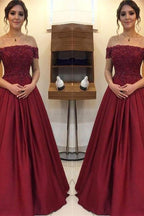 Maroon Off-the-Shoulder Applique Prom Dresses Charming Beads Ruffles Sleeveless Chic Evening Dresses