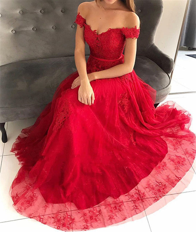 Magnifique robe de bal longue en tulle et dentelle, coupe trapèze, épaules dénudées