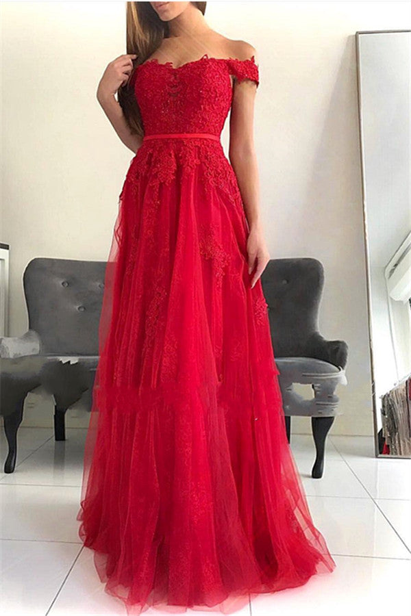 Magnifique robe de bal longue en tulle et dentelle, coupe trapèze, épaules dénudées