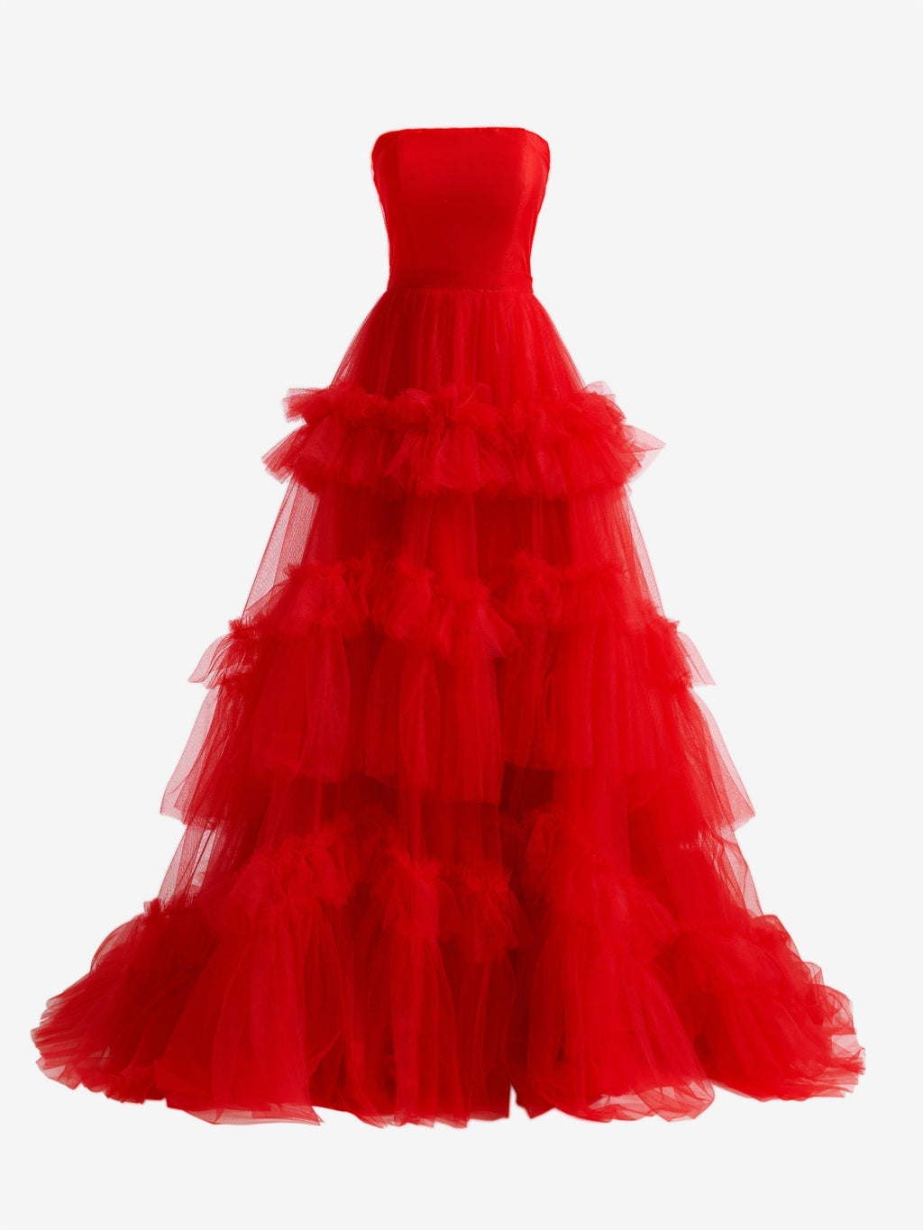 Vestido de graduación de tul con volantes, corte en A, sin tirantes