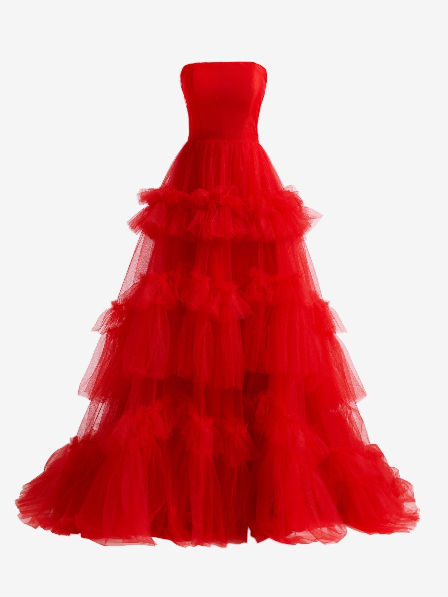 Vestido de graduación de tul con volantes, corte en A, sin tirantes