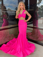 Maven | Vestido de fiesta sirena de satén rosa intenso de dos piezas con un solo hombro