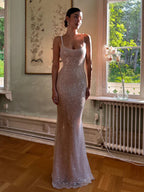 McKoye| Simple Pink Mermaid Straps Sequin Prom Dresses With Split