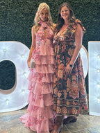 Melinda | Vestido largo de fiesta rosa de corte A, de gasa floral con volantes