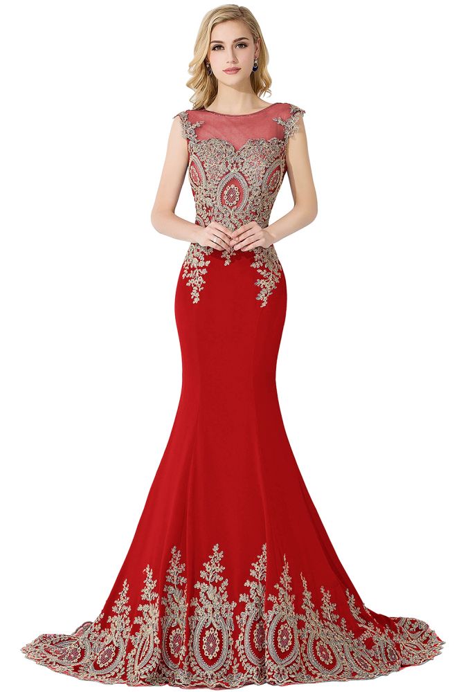 Vestido de noche de gasa con apliques de sirena y cola de corte