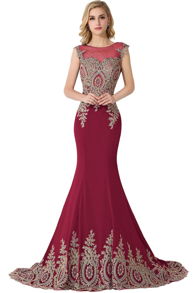 Vestido de noche de gasa con apliques de sirena y cola de corte
