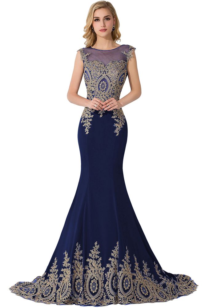 Vestido de noche de gasa con apliques de sirena y cola de corte
