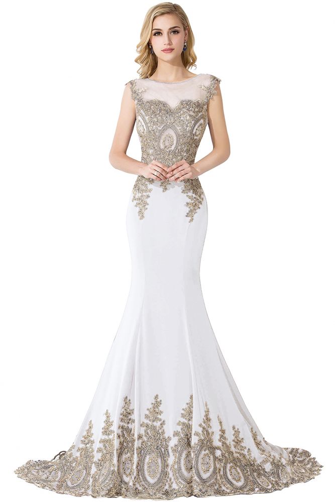 Vestido de noche de gasa con apliques de sirena y cola de corte