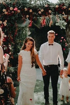 Vestido de novia bohemio estilo sirena, sin espalda, de encaje, con mangas cortas, WD435 