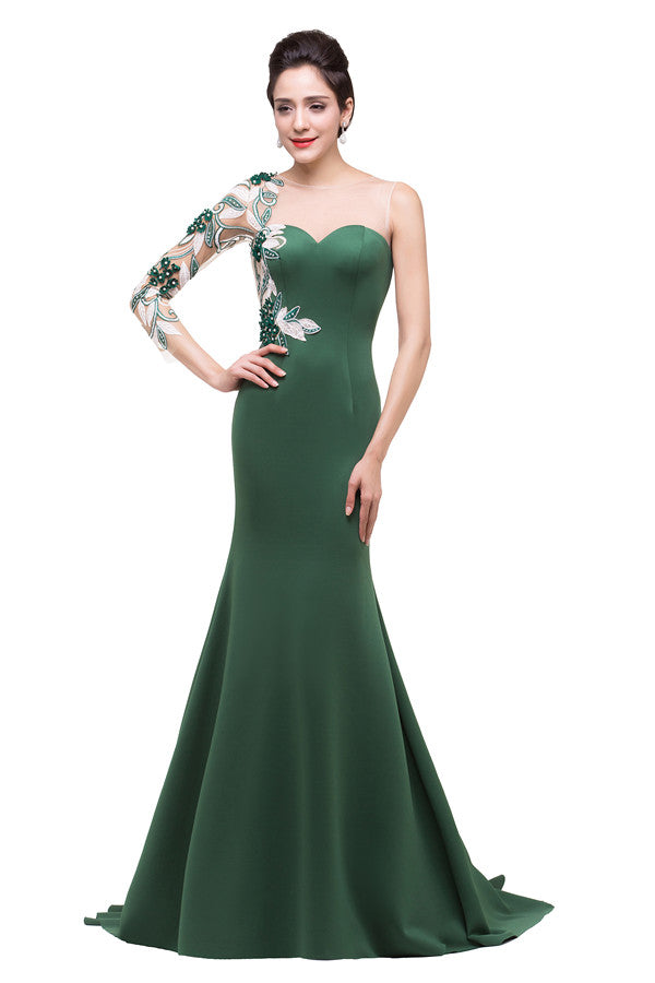 Vestidos de graduación de sirena con escote barco y un solo hombro hasta el suelo