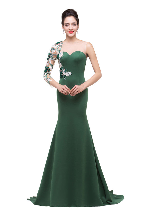 Vestidos de graduación de sirena con escote barco y un solo hombro hasta el suelo