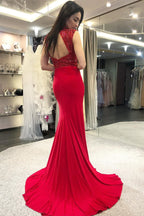 Robe de bal longue en satin à perles et dos nu, style sirène, bateau