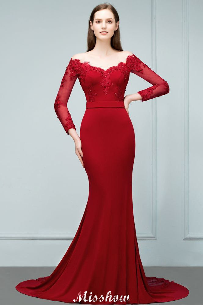 Vestido de dama de honor de sirena, estilo charmeuse, con hombros descubiertos, escote en V y largo hasta el suelo, con apliques.