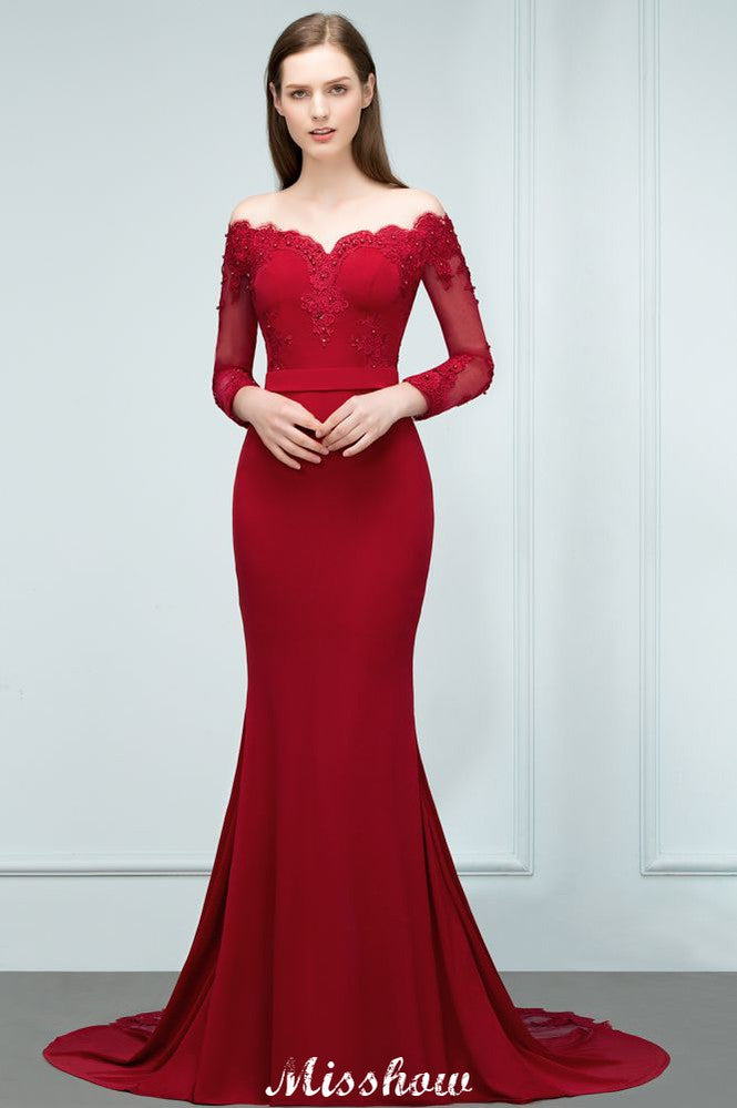 Vestido de dama de honor de sirena, estilo charmeuse, con hombros descubiertos, escote en V y largo hasta el suelo, con apliques.