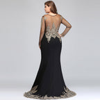 Mermaid Crew Floor Length Plus size Long Sleeves Evening Dresses with Appliques