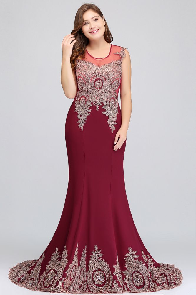 Robe de soirée bordeaux sirène longue sans manches à appliques