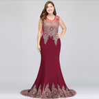 Robe de soirée bordeaux sirène longue sans manches à appliques
