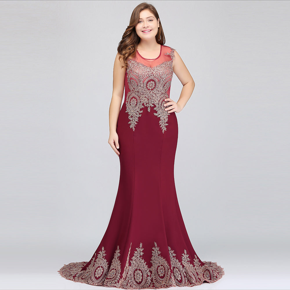 Robe de soirée bordeaux sirène longue sans manches à appliques